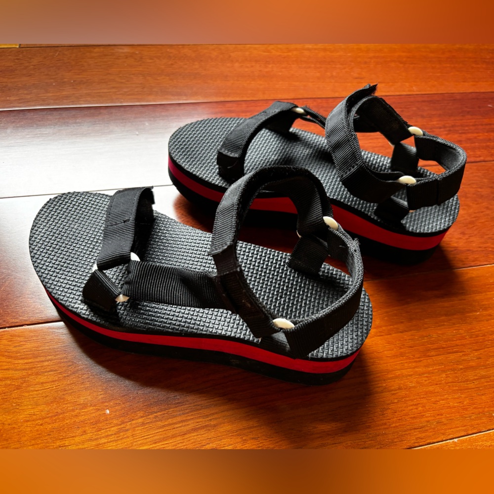 Teva Flatforms Black Sandals with Red Trim